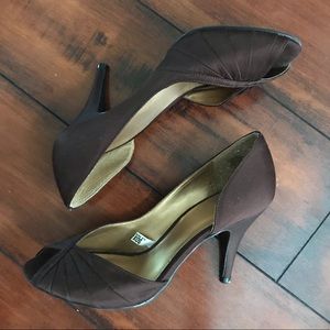Brown satin peep-toe heels